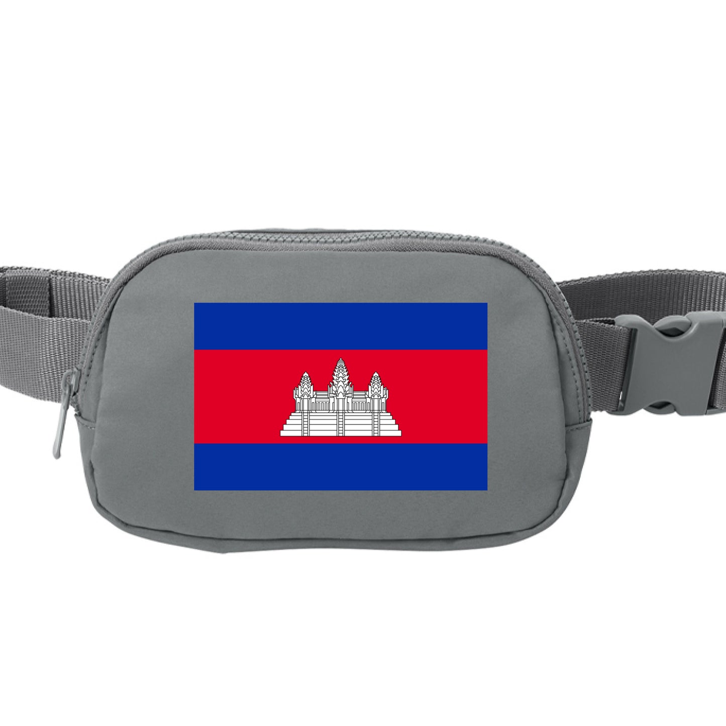 Gray fanny pack with Cambodia flag design on a white background