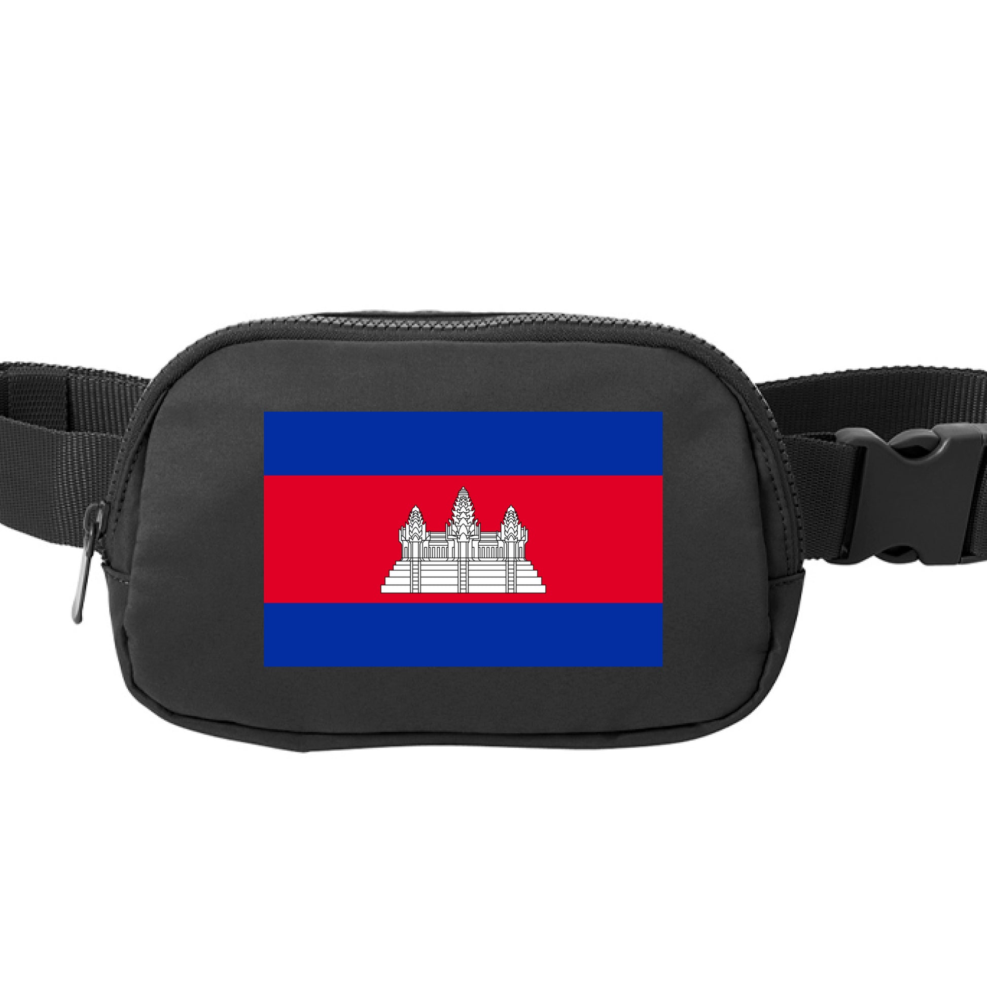 Black fanny pack with Cambodia flag design on a white background