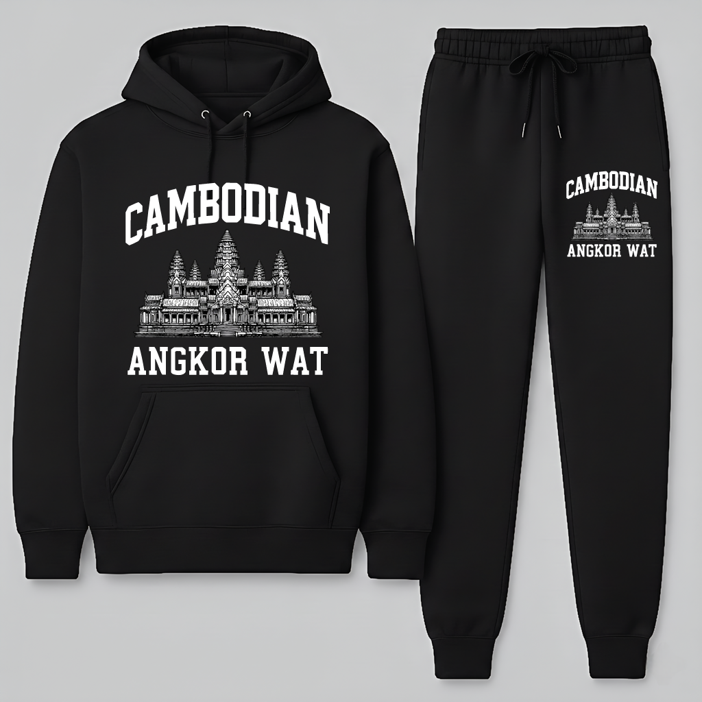 Black hoodie and jogger set with 'Cambodian Angkor Wat' design on a light gray background
