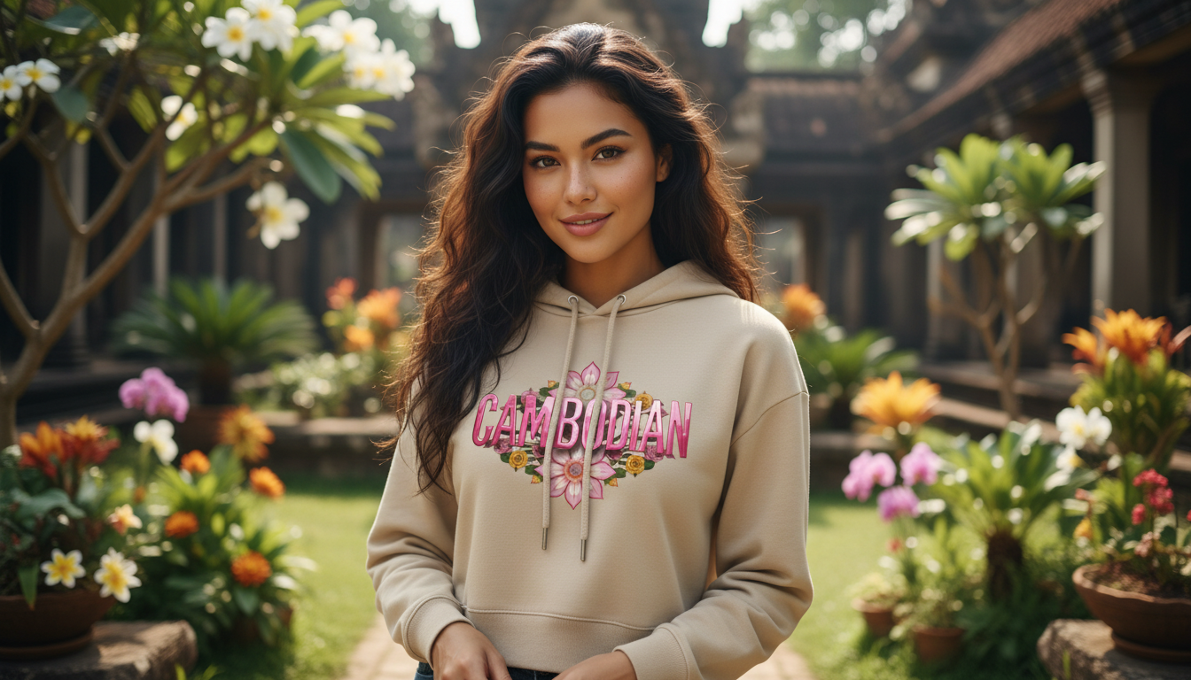 Gemini said
Angkor Horizon: Sunset Silhouette Cropped Hoodie
Capture the serenity of the Kingdom with the Angkor Horizon cropped hoodie. This design features a striking sunset silhouette of the Angkor Wat temple towers, set against a radiant, warm-toned sunburst. Framed by tropical palm trees and clean, arched typography, this graphic offers a modern, postcard-inspired tribute to Cambodia's iconic landscape.
