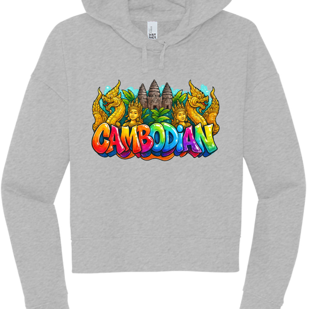 Gray hoodie with colorful 'Cambodian' design featuring dragons and a temple on a white background