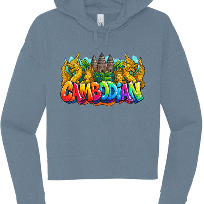 Blue hoodie with colorful 'Cambodian' design featuring dragons and a temple on a white background
