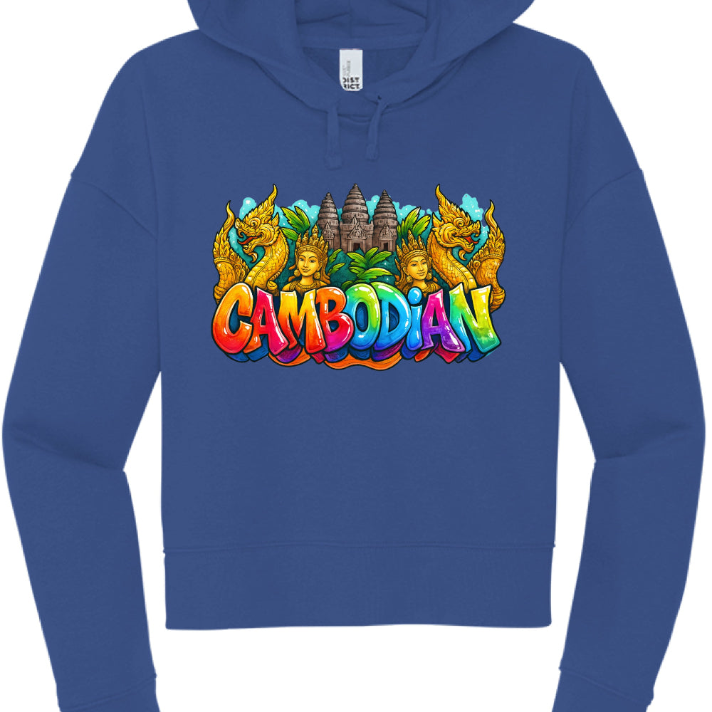 Blue hoodie with colorful 'Cambodian' design featuring dragons and temple on a white background