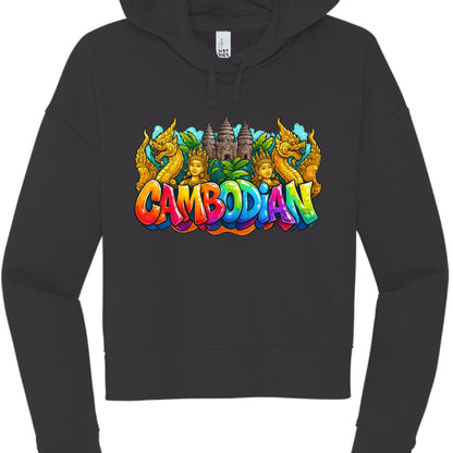 Black hoodie with colorful 'Cambodian' design featuring dragons and a temple on a white background