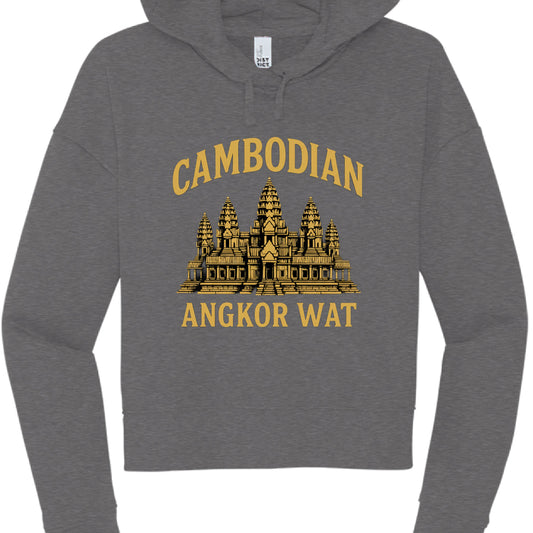 Gray hoodie with gold Cambodian Angkor Wat design on a white background
