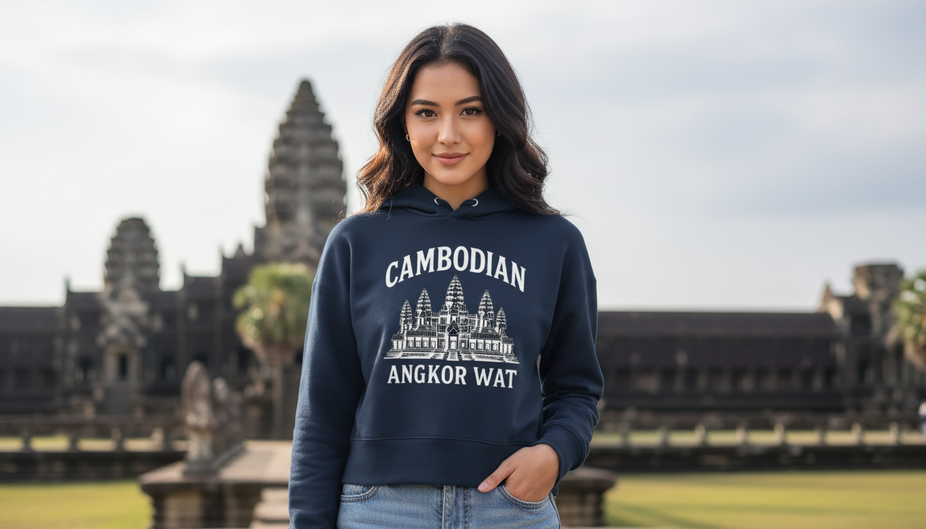 Woman wearing a hoodie with Angkor Wat design in front of Angkor Wat temple.
