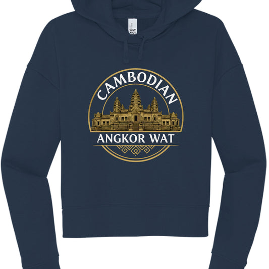 The central logo is a gold and white circular emblem celebrating a famous Cambodian landmark.

Text: * "CAMBODIAN" is arched across the top in a white, serif font.

"ANGKOR WAT" is written horizontally across the center in a similar white font, underscored by a thin gold line.

Illustration: A detailed, gold-colored illustration of the Angkor Wat temple complex sits in the middle of the circle. It depicts the iconic five towers and the symmetrical stone architecture of the temple.

Decorative Accents:

The 