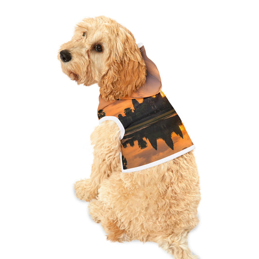 Dog wearing a Halloween-themed costume with a black and orange design on a white background
