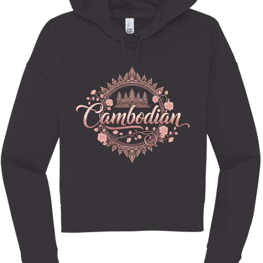 Black "Rose Gold" Hoodie
This version offers a sleek, minimalist, and elegant look.

Typography: The word "Cambodian" is written in a graceful, rose gold-toned cursive script.

Central Emblem: A simplified silhouette of Angkor Wat is placed at the top center of a circular frame.

Framing: The entire graphic is contained within an ornate, rose-gold circular border featuring delicate floral vines and pink rose blossoms.