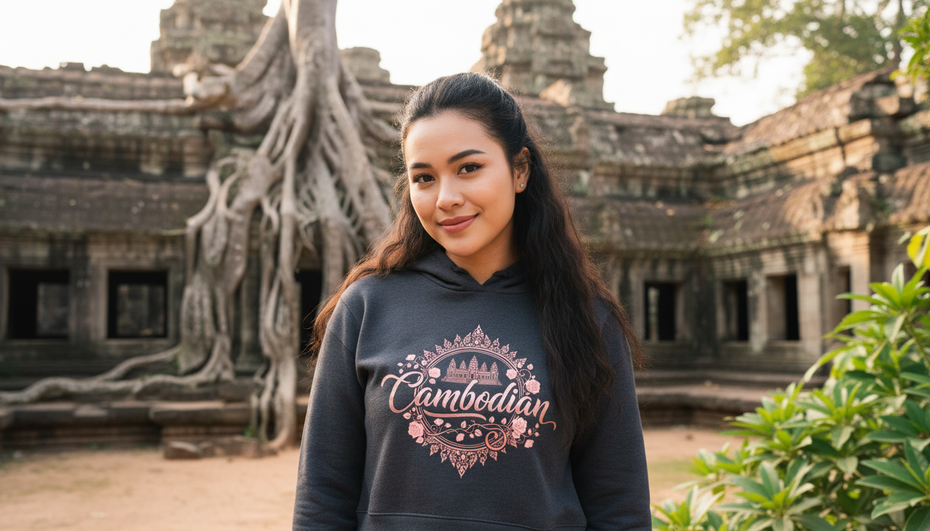 Woman wearing a hoodie with 'Cambodian' design in front of Angkor Wat.