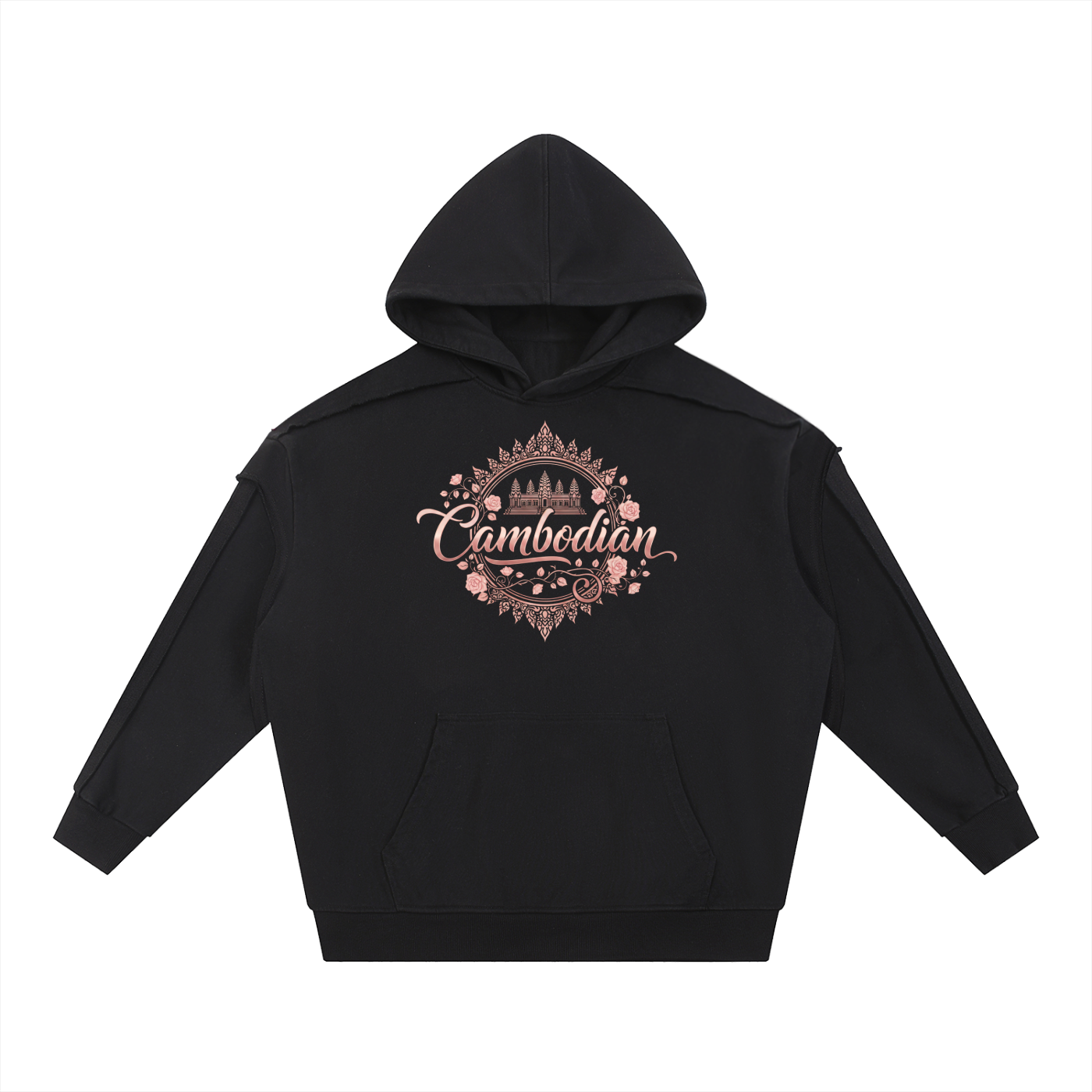 The graphic is rendered in a rose gold or metallic pink hue and incorporates several cultural and decorative elements:

Typography: The word "Cambodian" is written in a fluid, elegant script font across the center.

Iconography: Directly above the text is an illustration of Angkor Wat, the iconic temple complex from Cambodia.

Framing: The entire central design is enclosed within a circular frame of blooming roses and delicate vines.

Ornate Borders: The top and bottom of the graphic feature sharp, intricat