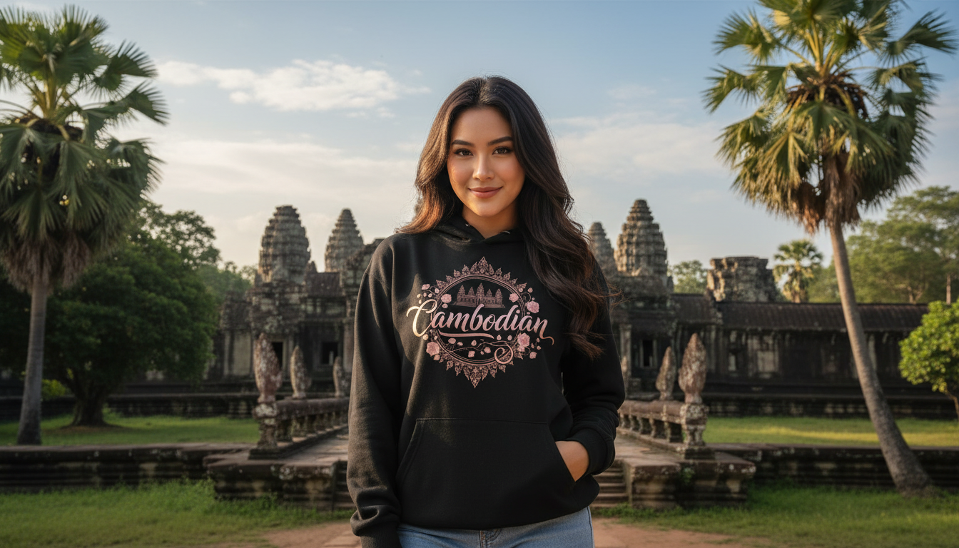 Woman wearing a black hoodie with 'Cambodian' design in front of Angkor Wat.