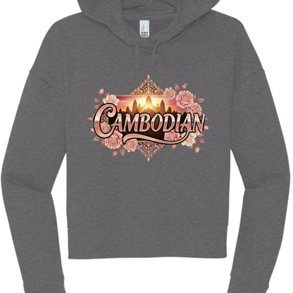 Gray hoodie with 'Cambodian' design featuring a castle and flowers on a white background