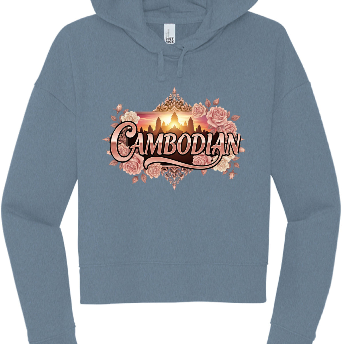 Blue hoodie with 'Cambodian' design featuring a sunset and flowers on a white background