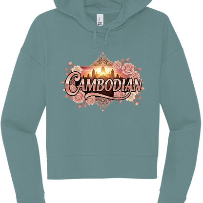 Teal hoodie with 'Cambodian' design featuring a sunset and flowers on a white background