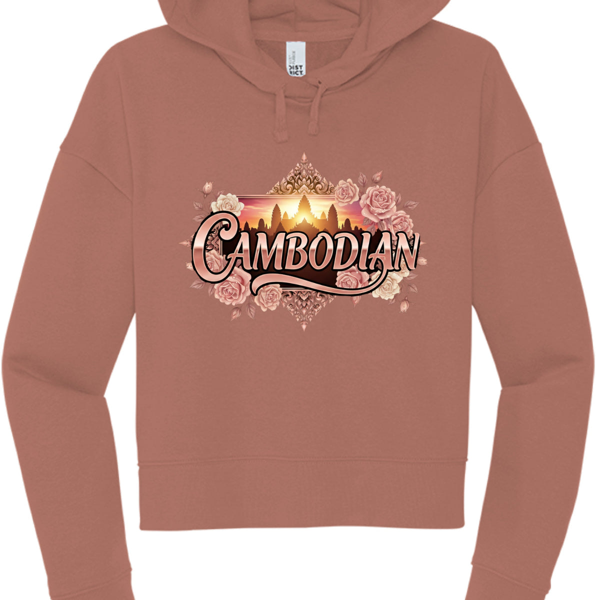 Brown hoodie with 'Cambodian' design featuring a sunset and flowers on a white background