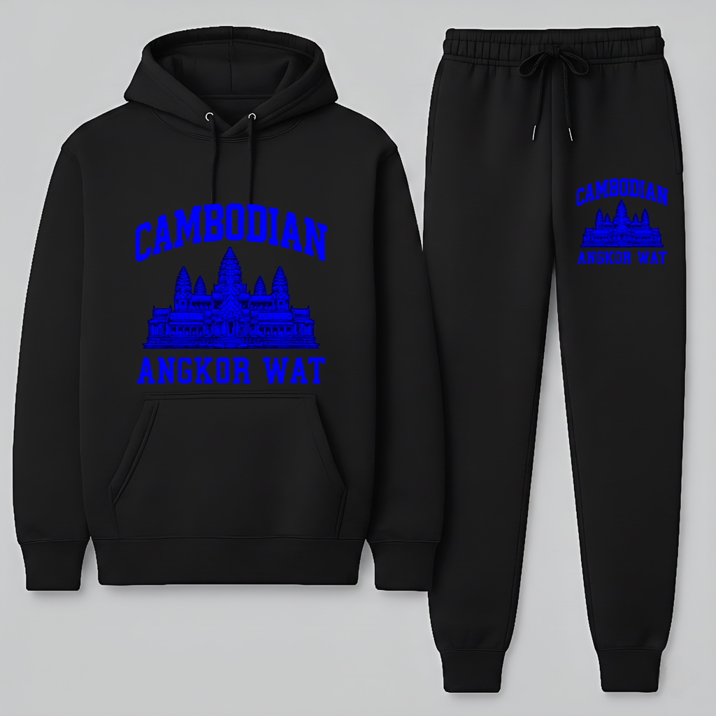 Black hoodie and jogger set with blue 'Cambodian Angkor Wat' text on a light gray background