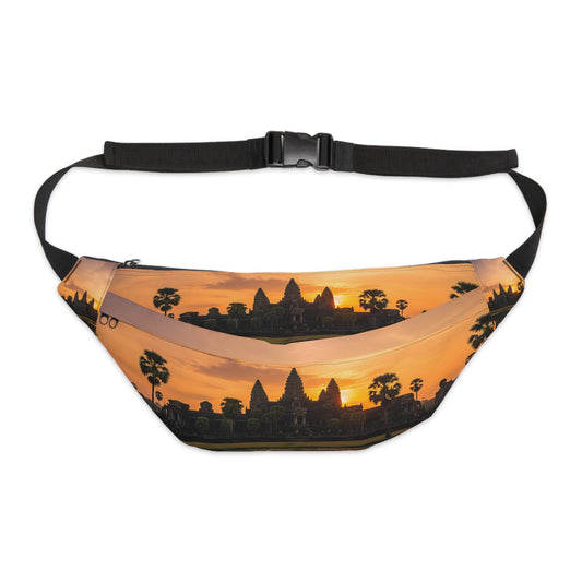 Fanny pack with a sunset landscape design on a white background