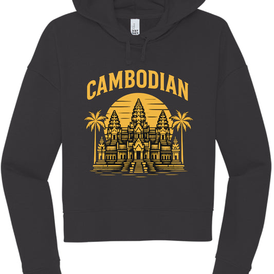 Black hoodie with yellow 'Cambodian' text and temple graphic on a white background