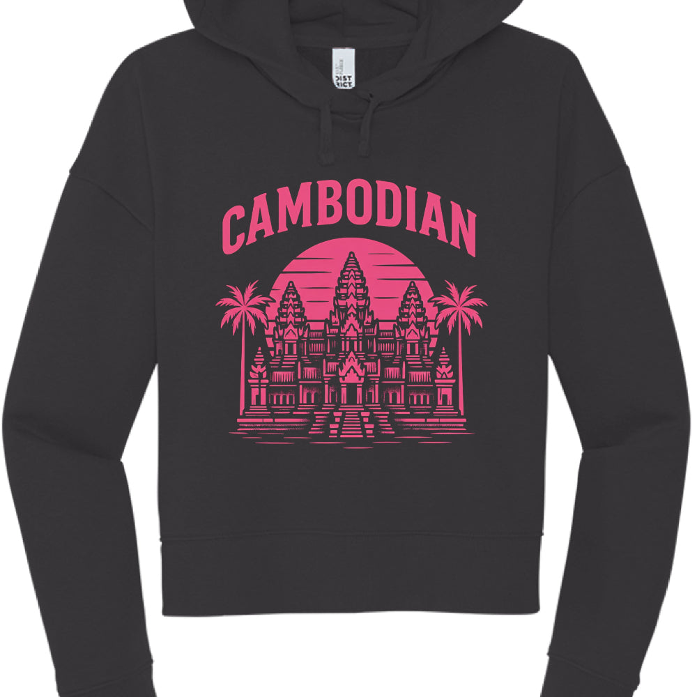 Black hoodie with pink 'Cambodian' and temple graphic on a white background