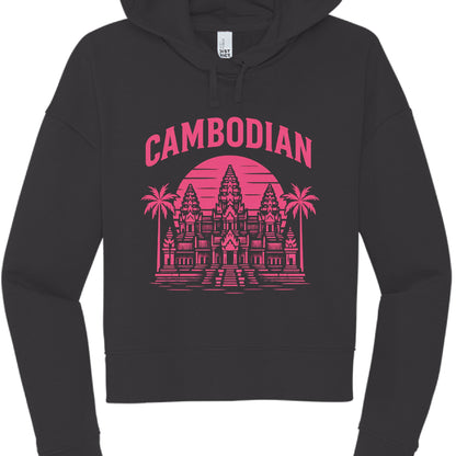 Black hoodie with pink 'Cambodian' and temple graphic on a white background