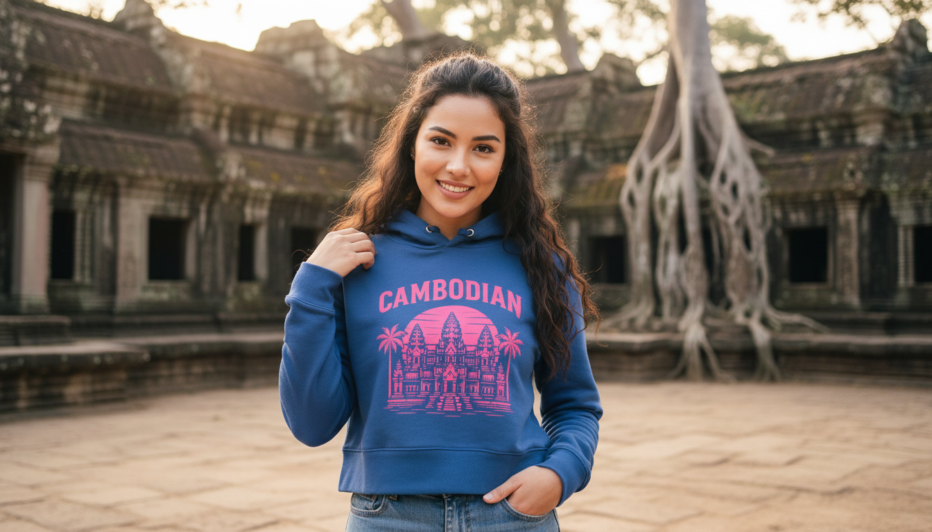 Woman wearing a blue hoodie with pink text and design, standing in front of ancient temple ruins.
