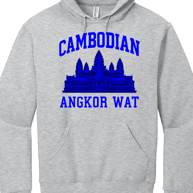 This collection displays four different hooded sweatshirts by the brand JERZEES, each featuring a long-sleeved design with a front kangaroo pocket and drawstrings. The designs are divided into two distinct graphic styles.

Cursive Script Designs
The first two images show black hoodies with a retro, baseball-style "Cambodian" graphic:

Blue and Red: This version features blue cursive text with a bold red border and a matching red underline "swoosh".

Purple and Yellow: This version uses purple cursive text w
