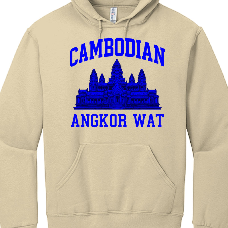 Beige hoodie with blue 'Cambodian Angkor Wat' design on a white background