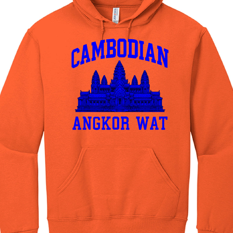 Orange hoodie with blue Angkor Wat design and text on a white background