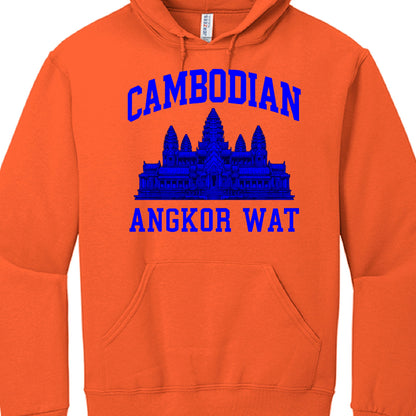 Orange hoodie with blue Angkor Wat design and text on a white background