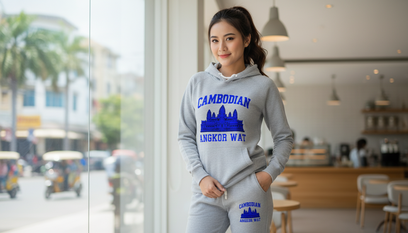 Angkor Wat Heritage Heather Grey Hoodie & Jogger Set – Royal Blue Edition | Hoodie & Sweatpants Combo 96 on model in café.