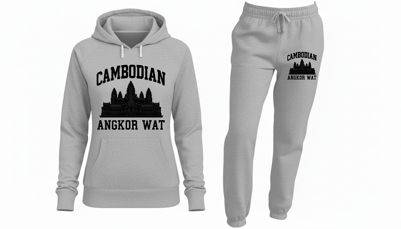 Gray hoodie and jogger pants set with Cambodian Angkor Wat design on a white background