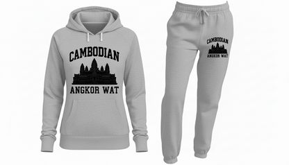 Gray hoodie and jogger pants set with Cambodian Angkor Wat design on a white background