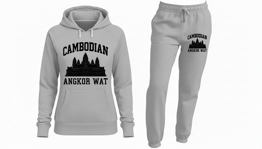 Gray hoodie and jogger pants set with Cambodian Angkor Wat design on a white background