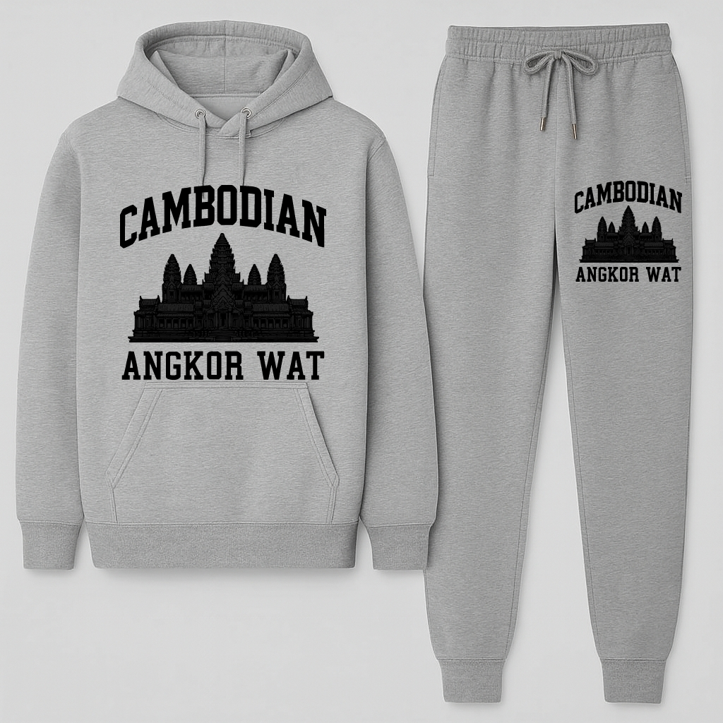 Gray hoodie and jogger set with Cambodian Angkor Wat design on a white background