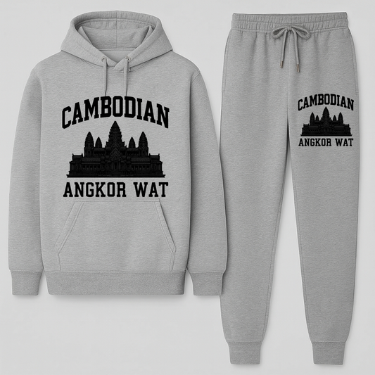 Gray hoodie and jogger set with Cambodian Angkor Wat design on a white background