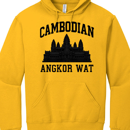 These images feature three different hooded sweatshirts, all of which are produced by the brand JERZEES. Each hoodie is a long-sleeved pullover with a front kangaroo pocket and adjustable drawstrings at the neck.

Black Hoodies (Cursive Design)
The first two images show black sweatshirts with a "Cambodian" graphic in a retro, baseball-inspired script:

Blue and Red Design: The word "Cambodian" is rendered in blue text with a thick red border and a matching red underline "swoosh".

Purple and Yellow Design: 