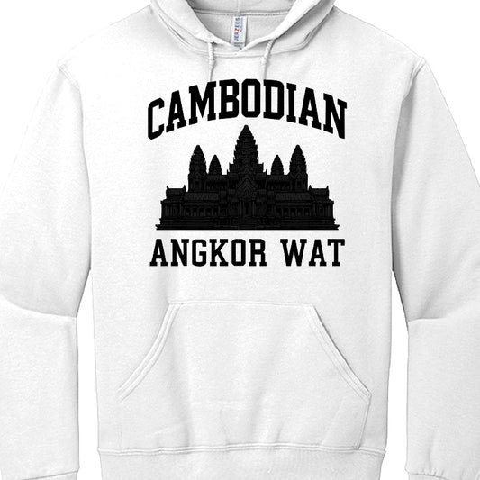 White hoodie with black text and Angkor Wat silhouette on a white background