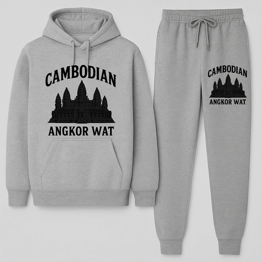 Gray hoodie and jogger set with Cambodian Angkor Wat design on a white background