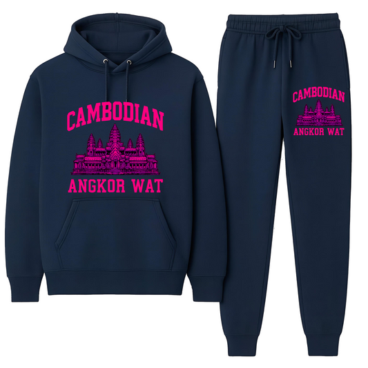 Navy blue hoodie and jogger set with Angkor Wat design on a white background