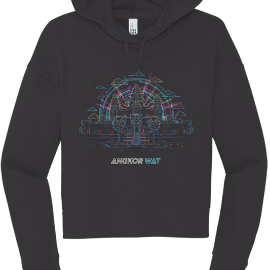 This image features a black, long-sleeved cropped hoodie with a vibrant, "synthwave" or neon-style graphic on the chest.

Design Details
Subject: The central artwork depicts the famous Angkor Wat temple complex in Cambodia.

Art Style: The design uses thin, multi-colored neon lines (cyan, magenta, yellow, and white) against the dark fabric. It features a stylized sun or halo effect behind the temple towers, accented by geometric circles and wispy clouds.

Typography: Below the illustration, the words "ANGKO
