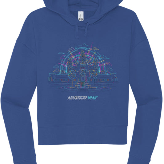 Blue hoodie with Angkor Wat design on a white background