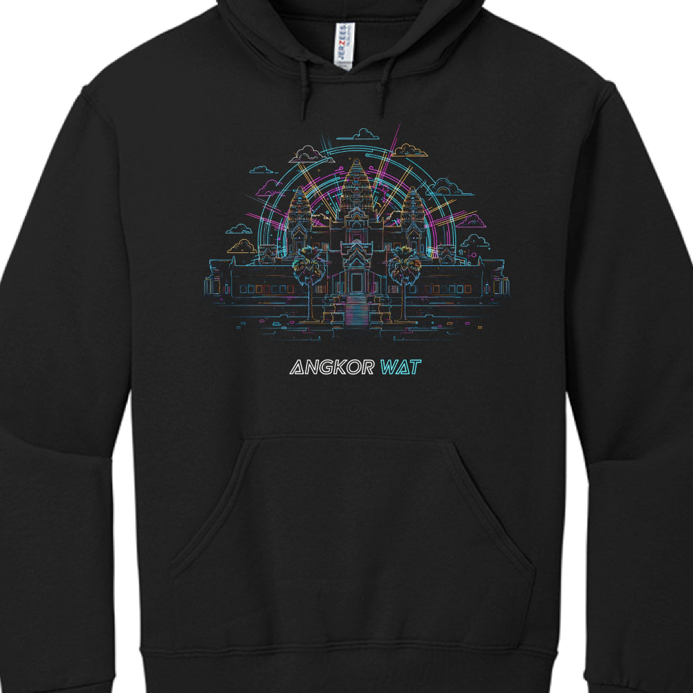 Art Style: The design uses a line-art neon aesthetic. The temple is rendered with thin, glowing lines in various colors like cyan, magenta, yellow, and orange against the black fabric.

Composition:

Temple Architecture: A detailed front-facing view of the Angkor Wat temple towers and entrance.

Celestial Background: Glowing concentric circles and radiating lines appear behind the towers, along with stylized neon clouds.

Landscape: Two palm trees flank the central staircase leading up to the temple.

Typog