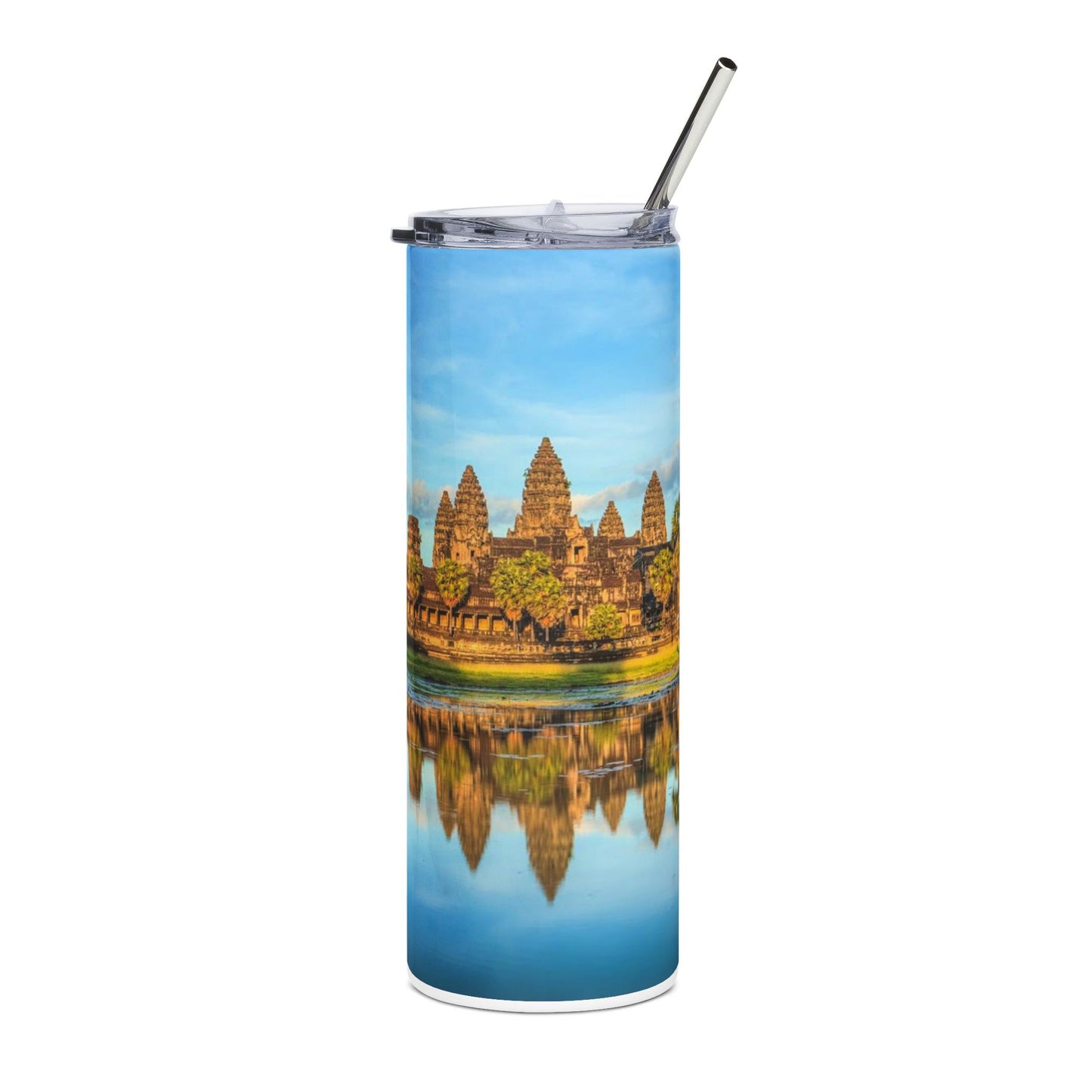 Tumbler with Angkor Wat design on a white background