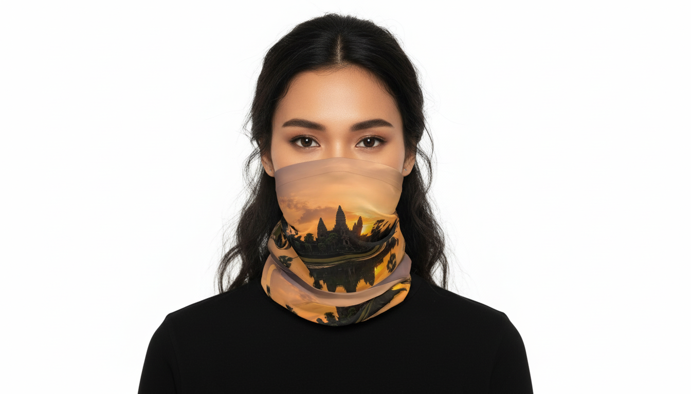 Person wearing a neck gaiter with a bat design on a white background