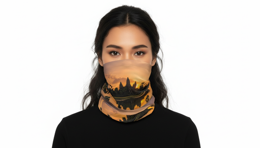 Person wearing a neck gaiter with a bat design on a white background
