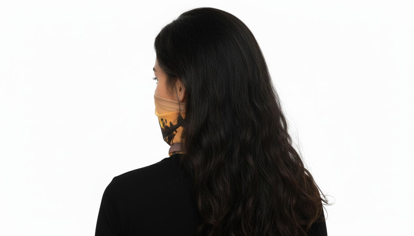 Woman wearing a patterned face mask with a scenic design on a white background
