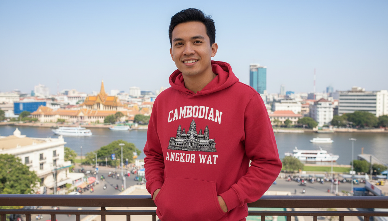 Person wearing a red hoodie with Angkor Wat design, standing in front of a cityscape.