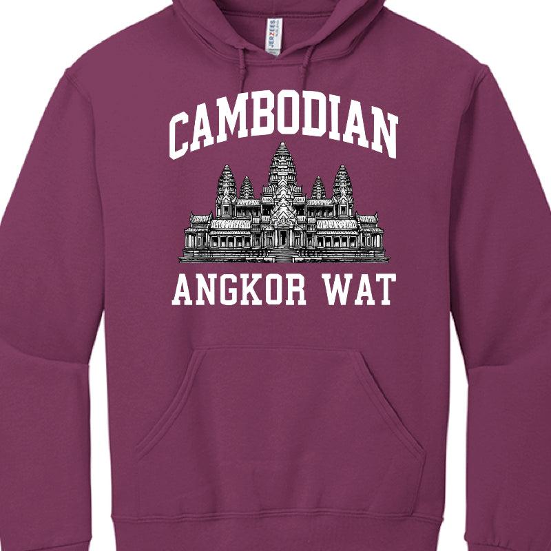 Maroon hoodie with Angkor Wat design and 'Cambodian' text on a white background
