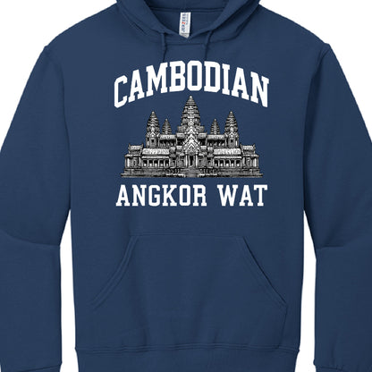 Navy blue hoodie with Angkor Wat design and 'Cambodian' text on a white background
